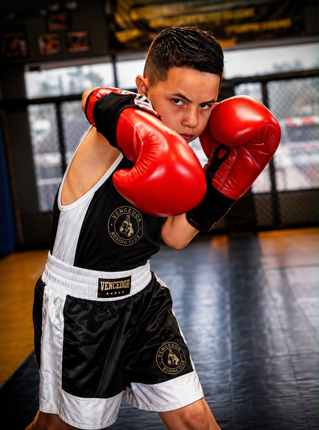 Young boxer in a Vencedor uniform wearing red gloves